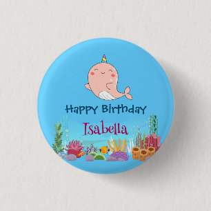 Cute Narwhal Fish Unicorn Whale sea Birthday  3 Cm Round Badge