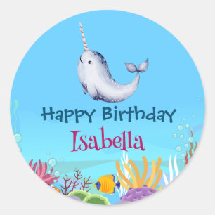 Cute Narwhal Fish Unicorn Whale sea Birthday Classic Round Sticker
