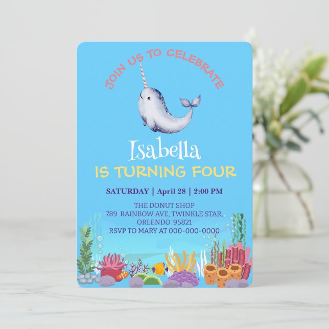 Cute Narwhal Fish Unicorn Whale sea Birthday  Invitation (Standing Front)