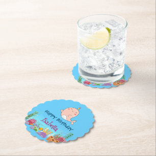 Cute Narwhal Fish Unicorn Whale sea Birthday  Paper Coaster