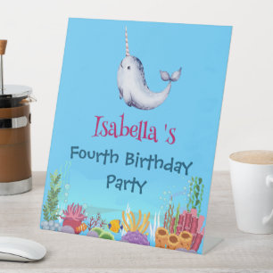 Cute Narwhal Fish Unicorn Whale sea Birthday  Pedestal Sign