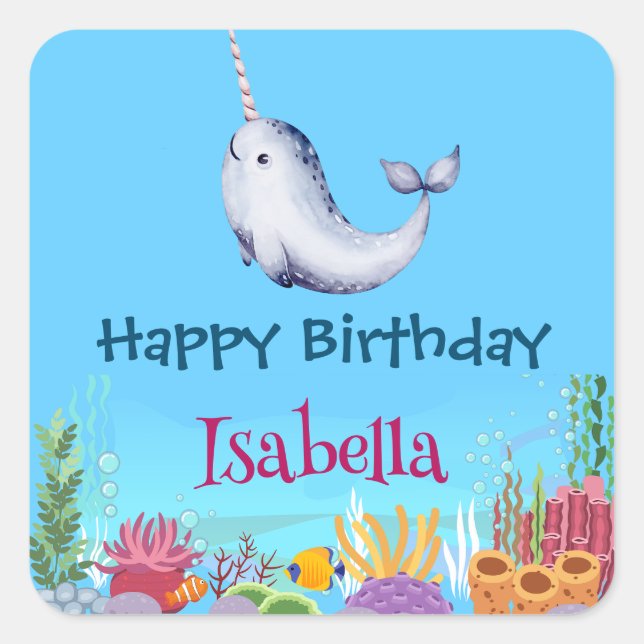 Cute Narwhal Fish Unicorn Whale sea Birthday  Square Sticker (Front)