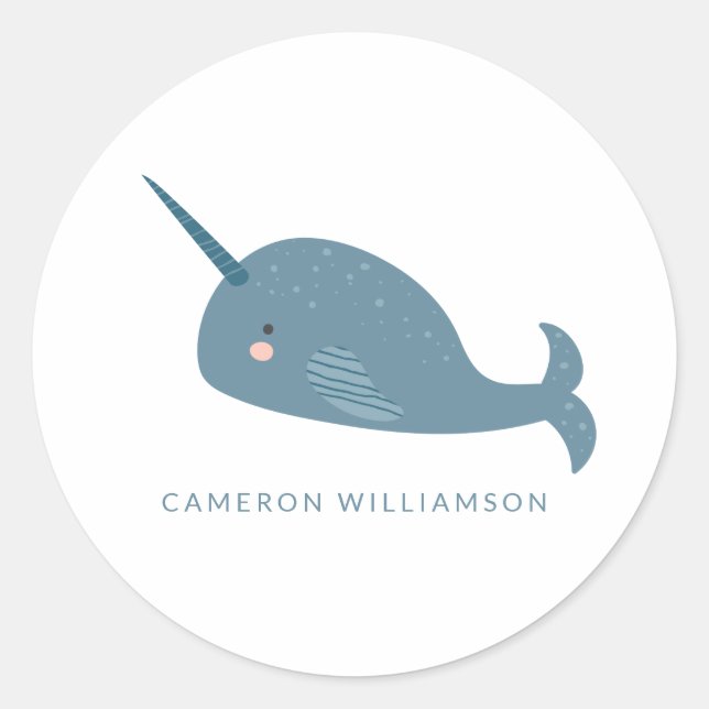 Cute Narwhal in Blue Personalised   Classic Round Sticker (Front)