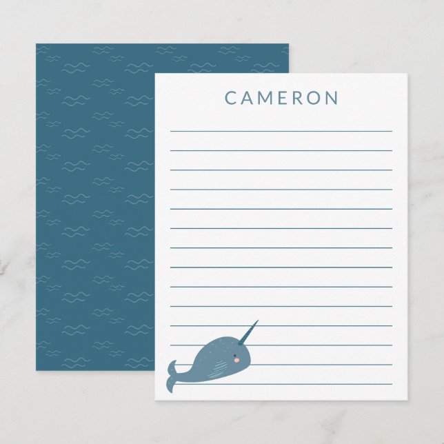Cute Narwhal in Blue Personalised Kids Lined  Thank You Card (Front/Back)