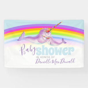 Cute narwhal mother and baby rainbow baby shower banner