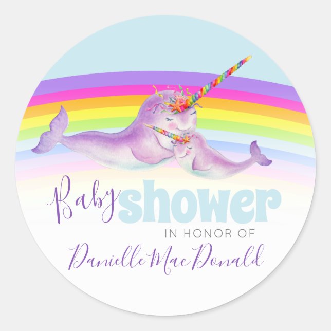 Cute narwhal mother and baby rainbow baby shower classic round sticker (Front)