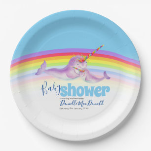 Cute narwhal mother baby blue rainbow baby shower paper plate