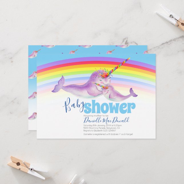 Cute narwhal rainbow baby shower blue red invitation (Front/Back In Situ)