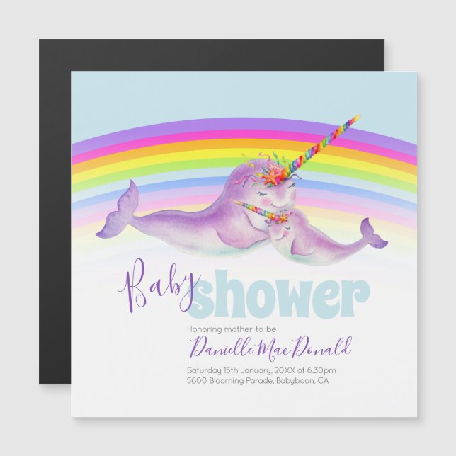 Cute narwhal rainbow baby shower magnetic invitation (Front/Back)