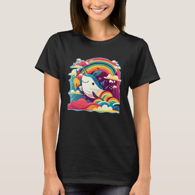 Cute Narwhal Sea Creature Rainbows Clouds And Narw T-Shirt (Front)