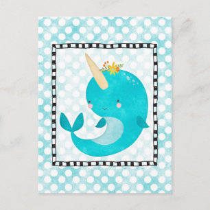 Cute Narwhal - Turquoise Aqua Whale Postcard