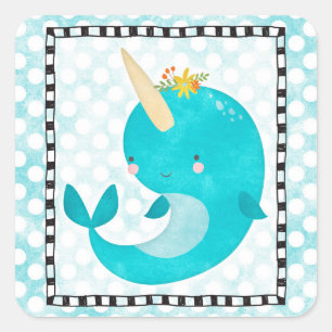 Cute Narwhal - Turquoise Aqua Whale Square Sticker