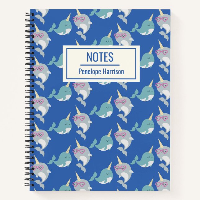 Cute Narwhal Whimsical Pattern Blue Personalised Notebook (Front)
