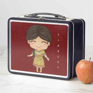 Cute Native American Cartoon Girls School Metal Lunch Box