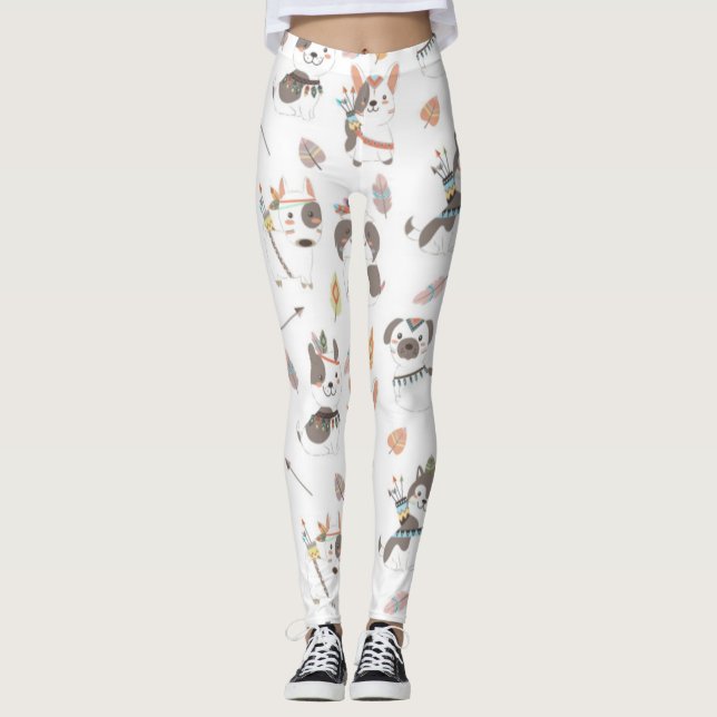 Cute Native American Puppy Pattern Leggings (Front)