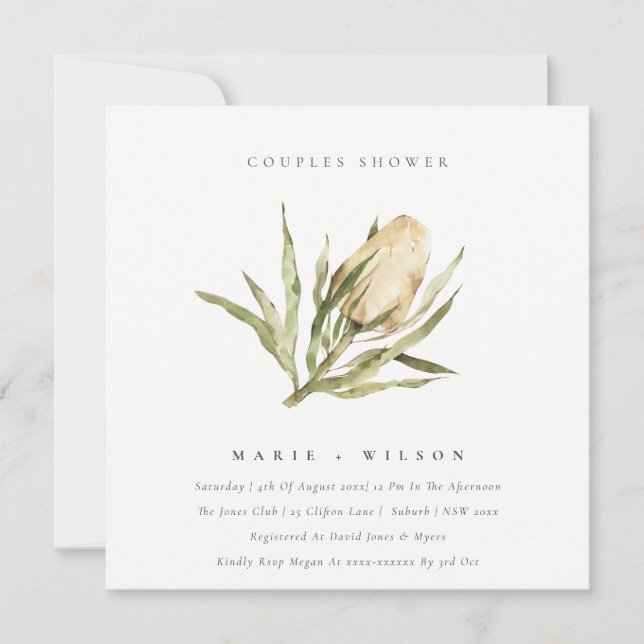 Cute Native Banksia Watercolor Flora Bridal Shower Invitation (Front)
