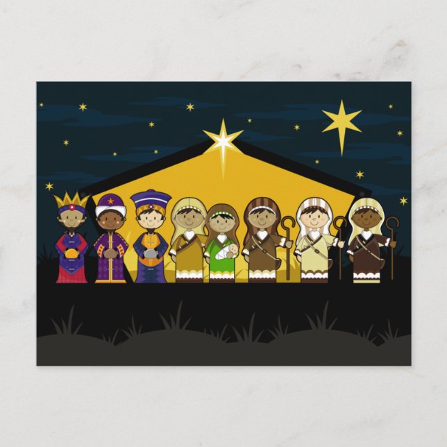Cute Nativity Characters at Barn by Night Postcard (Front)