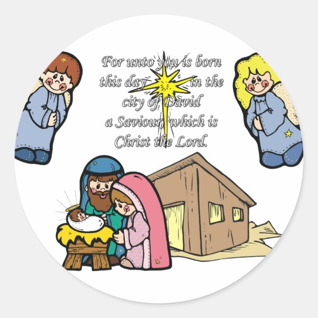 Cute Nativity Scene Classic Round Sticker (Front)