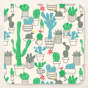 Cute Natural Floral Cacti Pattern Square Paper Coaster
