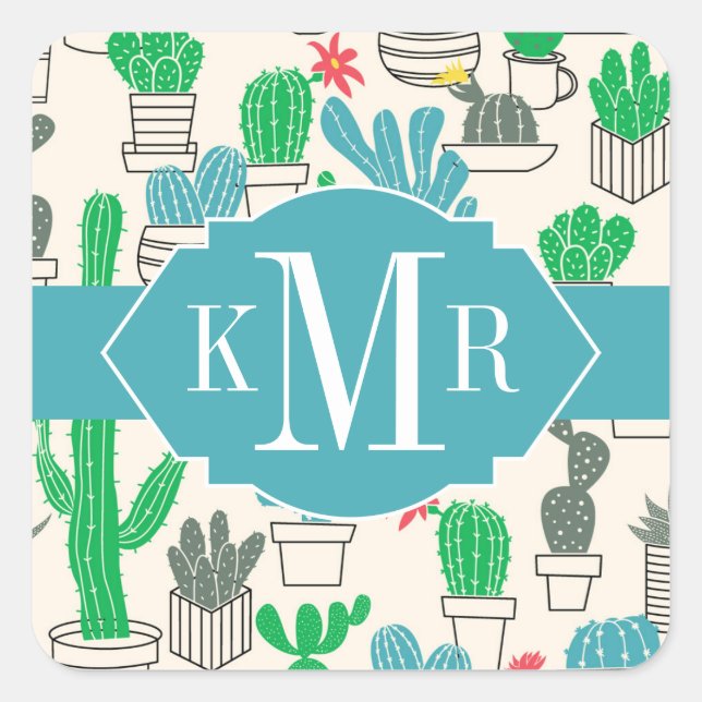 Cute Natural Floral Cacti Pattern Square Sticker (Front)