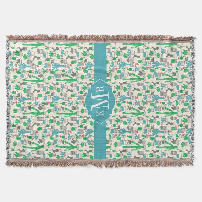 Cute Natural Floral Cacti Pattern Throw Blanket (Front)