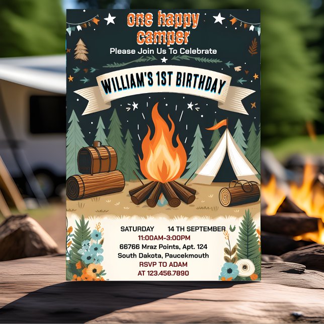 Cute Nature Boys One Happy Camper 1st Birthday Invitation (Creator Uploaded)