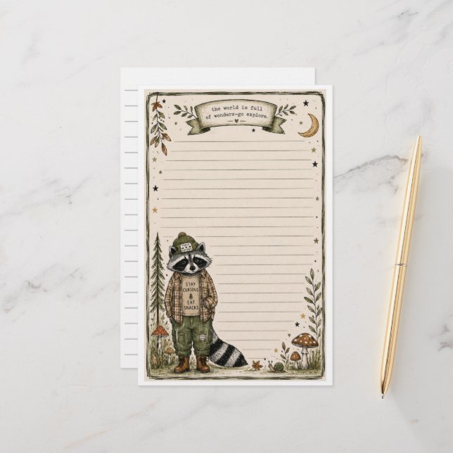 Cute Nature Explorer Racoon Stationery Paper  (Front/Back In Situ)