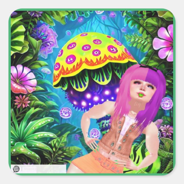 Cute Nature girl with mushrooms and flowers art  Square Sticker (Front)
