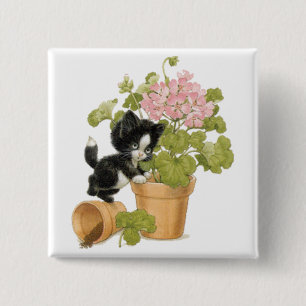 Cute Naughty Cat - Kitten In A Flowerpot 15 Cm Square Badge