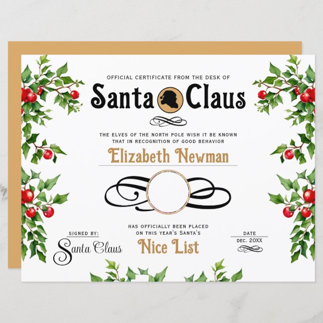 Cute Naughty Nice List Official Photo Certificate (Front/Back)