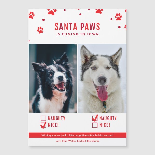 Cute Naughty or Nice Two Dog Christmas Magnet Card (Front)