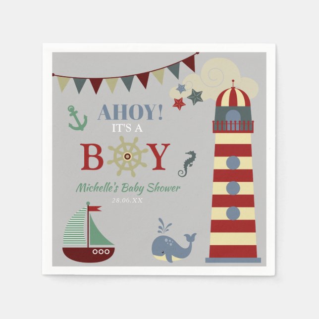 Cute Nautical Ahoy! Its a Boy Baby Shower Napkin (Front)