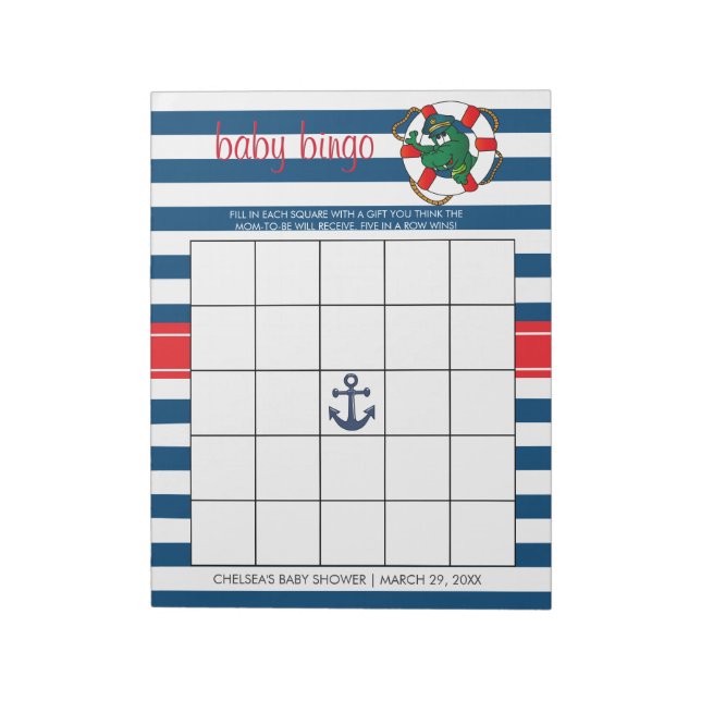 Cute Nautical Alligator Baby Shower Bingo Game Notepad (Rotated)