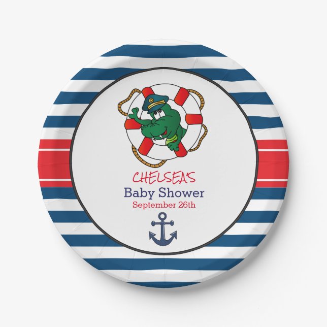 Cute Nautical Alligator Baby Shower Paper Plate (Front)