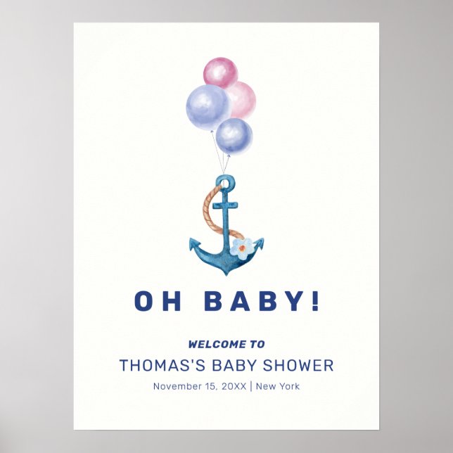 Cute Nautical Anchor Balloon Baby Shower Welcome  Poster (Front)