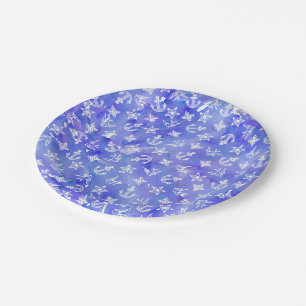 Cute Nautical Anchor Pattern on Blue Watercolor Paper Plate
