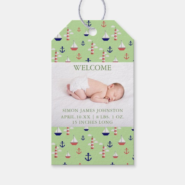 Cute Nautical Baby Birth Announcement Gift Tag (Front)