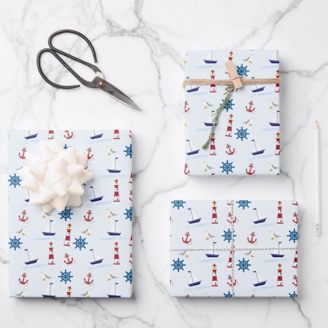 Cute Nautical Blue and Red Sailing Pattern Wrapping Paper Sheet (Front)