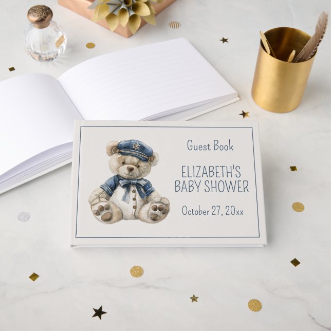 Cute Nautical Blue Baby Bear Baby Shower Guest Book (Front Open)