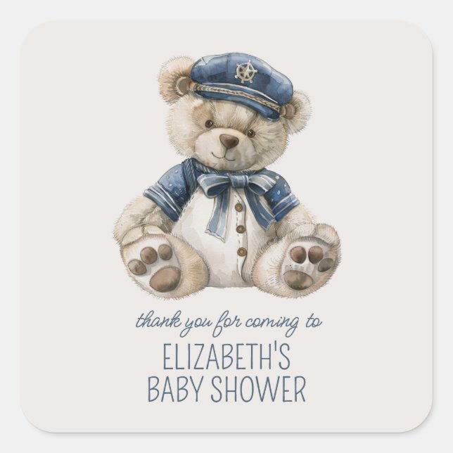 Cute Nautical Blue Baby Bear Baby Shower Square Sticker (Front)
