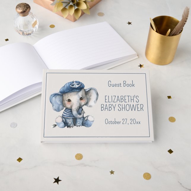 Cute Nautical Blue Baby Elephant Baby Shower Guest Book (Front Open)
