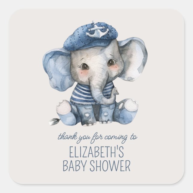 Cute Nautical Blue Baby Elephant Baby Shower Square Sticker (Front)