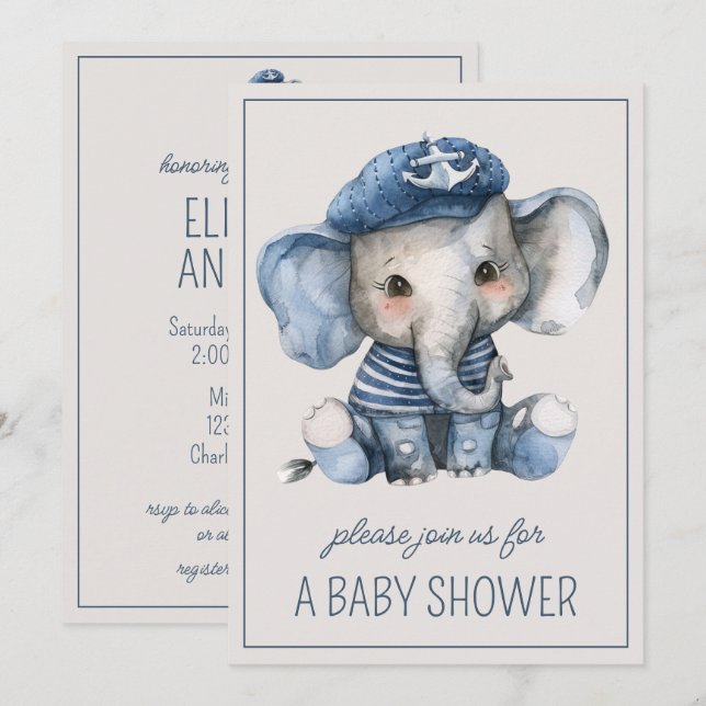 Cute Nautical Blue Baby Elephant Personalised Invitation (Front/Back)