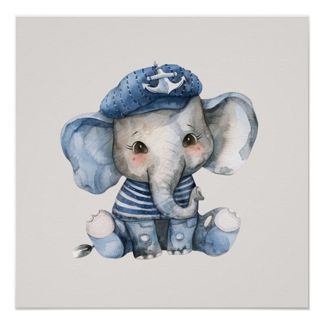 Cute Nautical Blue Baby Elephant Poster (Front)