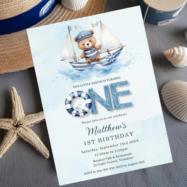 Cute Nautical Blue Boat Teddy Bear 1st Birthday Invitation (Creator Uploaded)