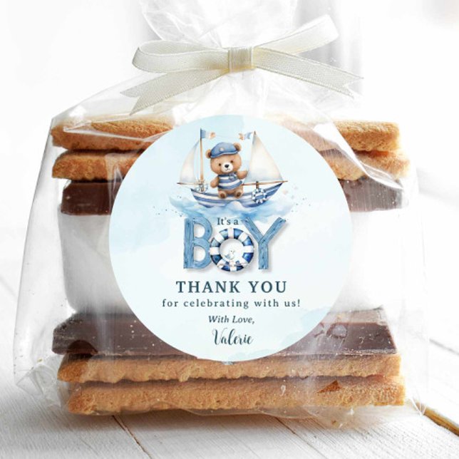 Cute Nautical Blue Boat Teddy Bear Boy Baby Shower Classic Round Sticker (Creator Uploaded)