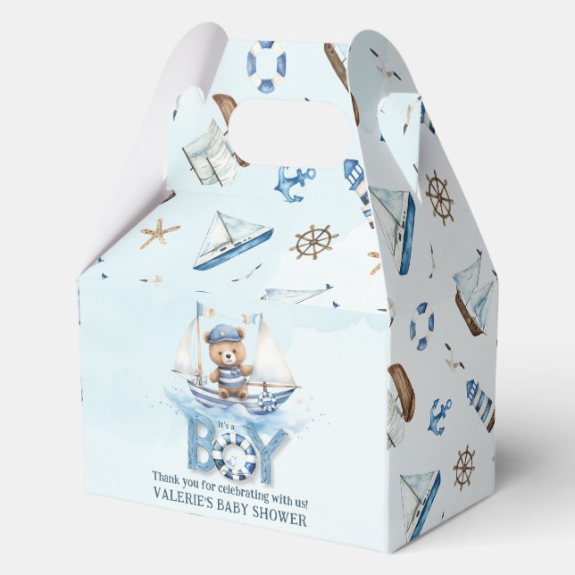 Cute Nautical Blue Boat Teddy Bear Boy Baby Shower Favour Box (Back)
