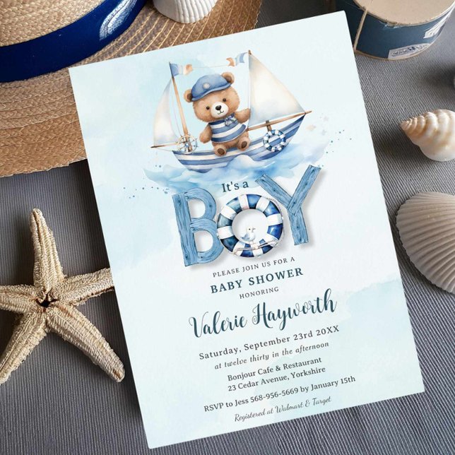 Cute Nautical Blue Boat Teddy Bear Boy Baby Shower Invitation (Creator Uploaded)