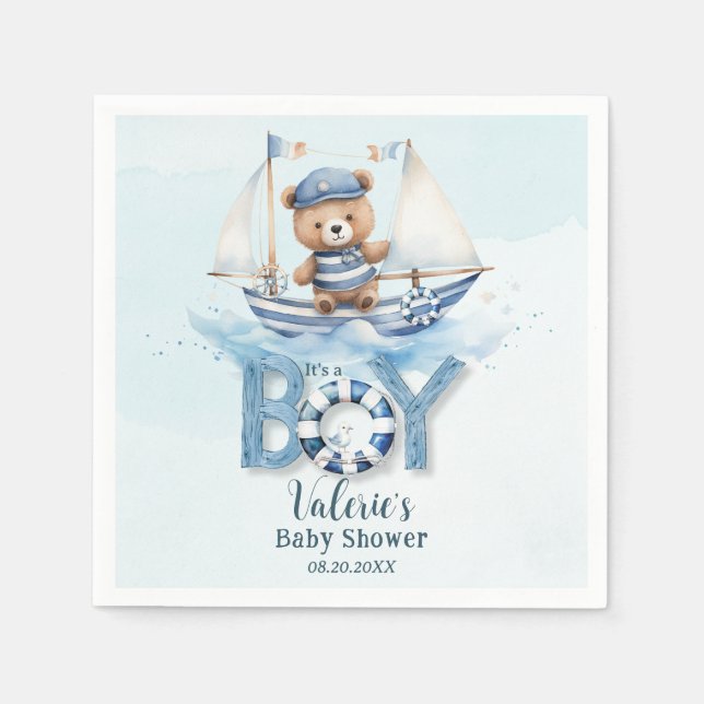 Cute Nautical Blue Boat Teddy Bear Boy Baby Shower Napkin (Front)