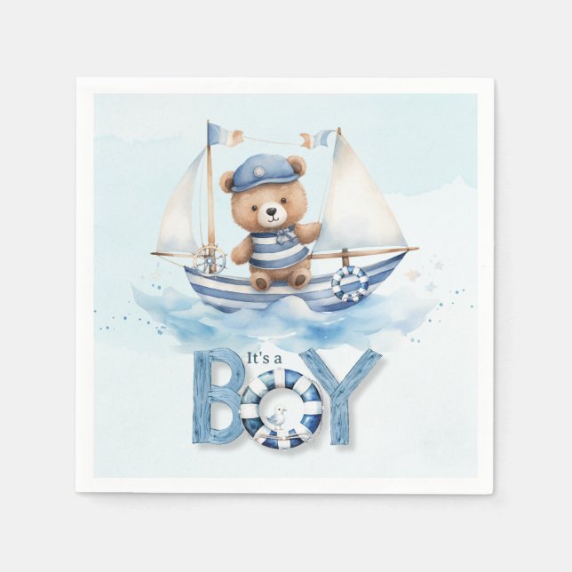 Cute Nautical Blue Boat Teddy Bear Boy Baby Shower Napkin (Front)
